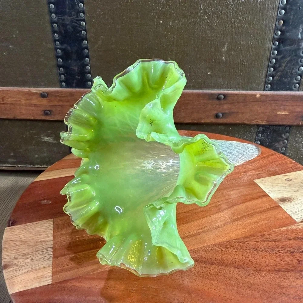 Antique Victorian Epergne Horn‎ Flower Replacement Green Opalescent Glass Vase